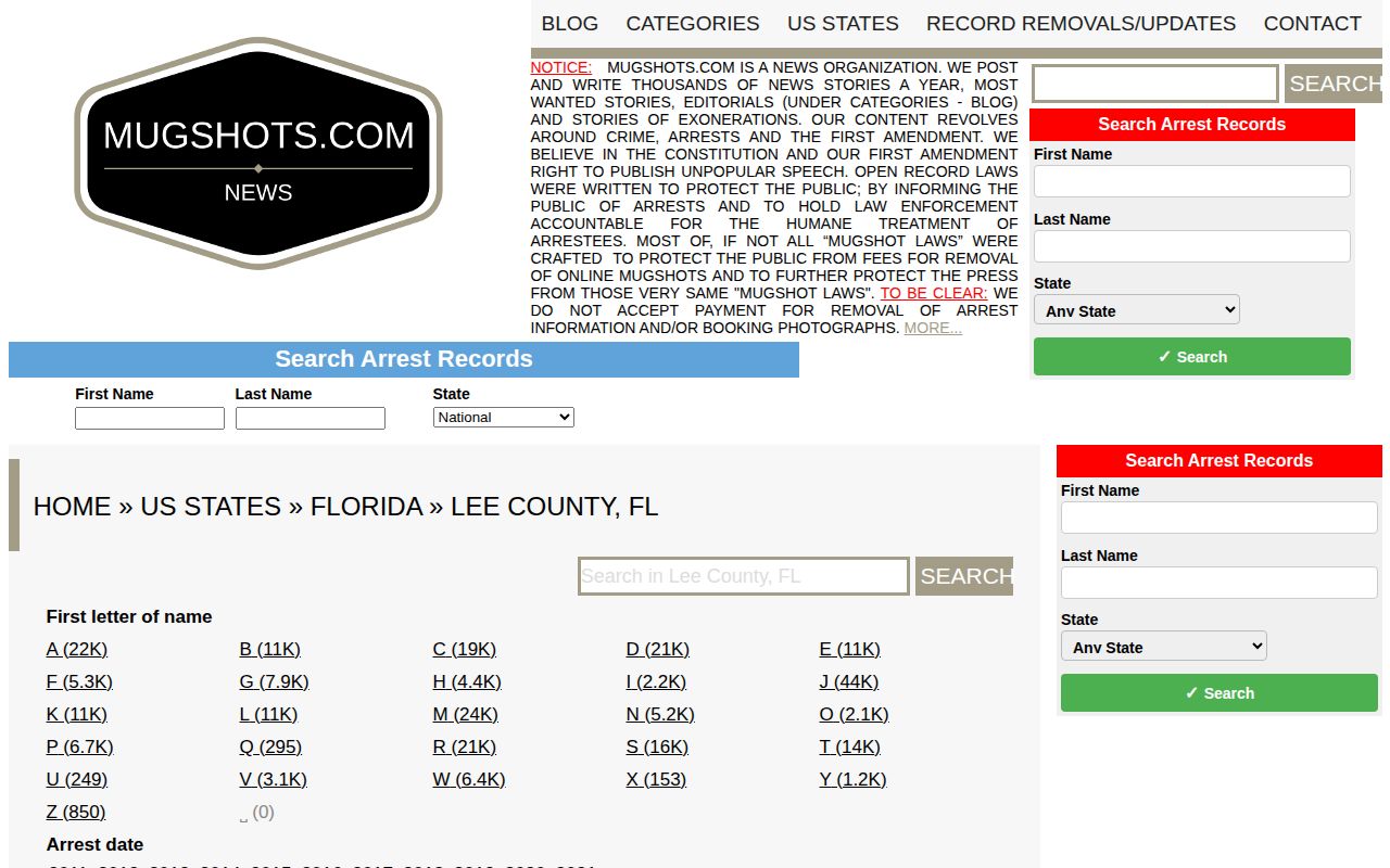 Unofficial Lee County mugshot news archive landing