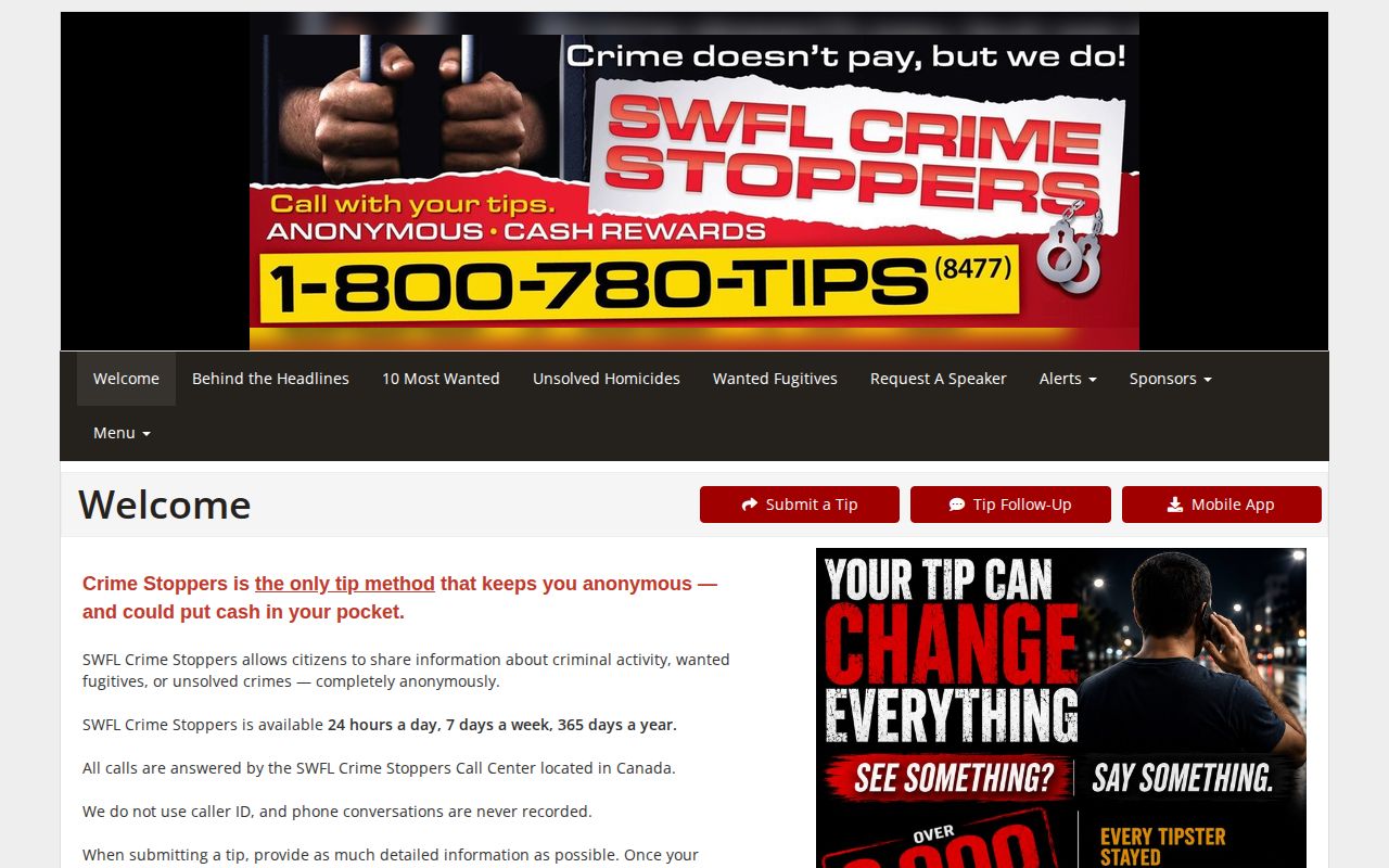 Lee County wanted fugitives Crime Stoppers tip interface